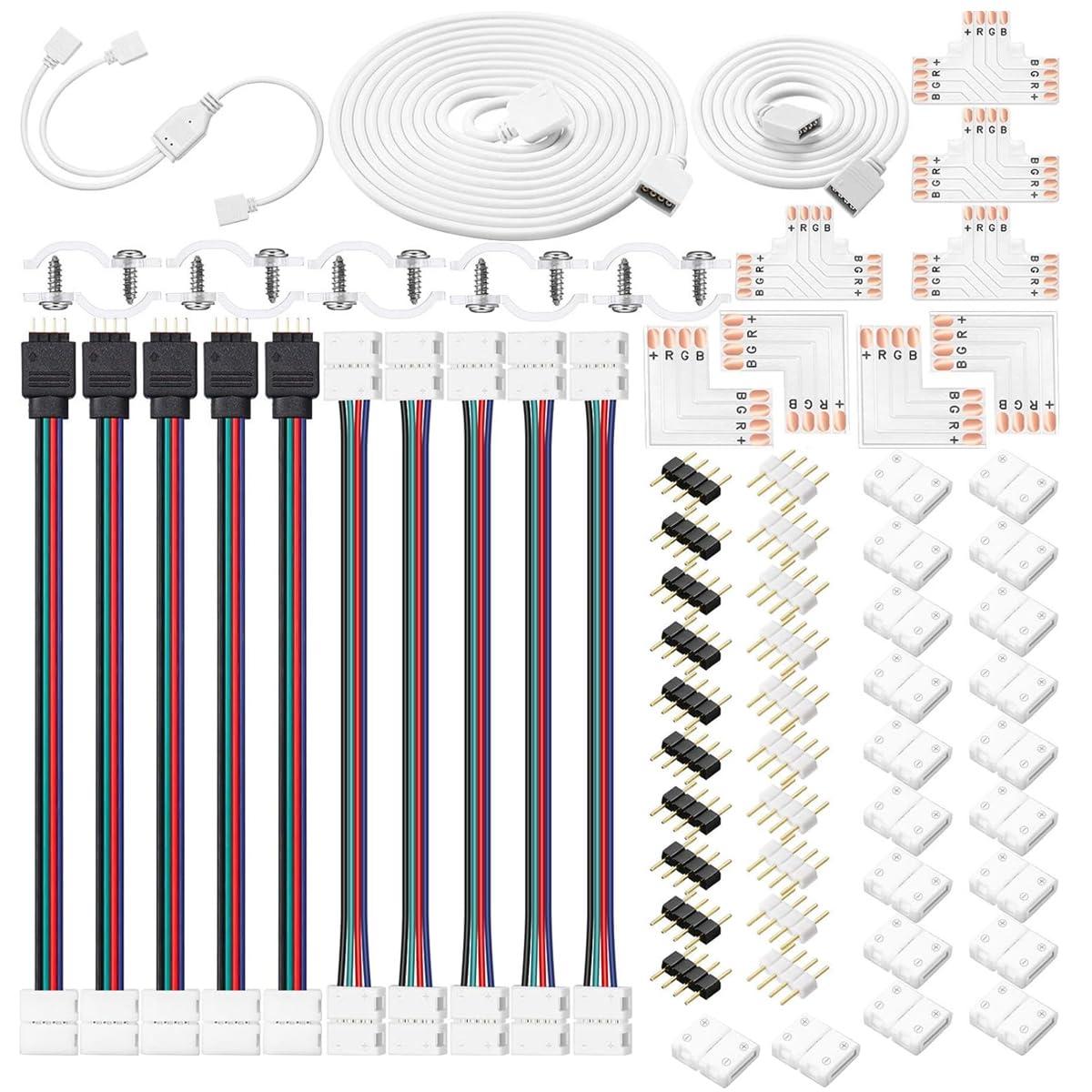 ZIBUYU 4 Pin RGB LED Strip Connector Kit for 5050 10mm Light Strip, Includes RGB Extension Cable, LED Strip Jumper, 2 Way Splitter Cable, 'L'&' T' Shape Connector, Gapless Connectors, LED Strip Clips ZIBUYU 4 Pin RGB LED Strip Connector Kit for 5050 10mm Light Strip, Includes RGB Extension Cable, LED Strip Jumper, 2 Way Splitter Cable, 'L'&' T' Shape Connector, Gapless Connectors, LED Strip Clips